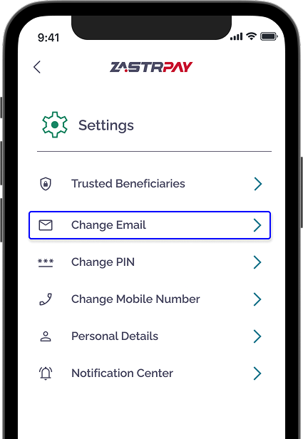 Zastrpay settings with 'Change Email' option