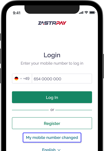 Zastrpay login screen with 'My mobile number changed' option